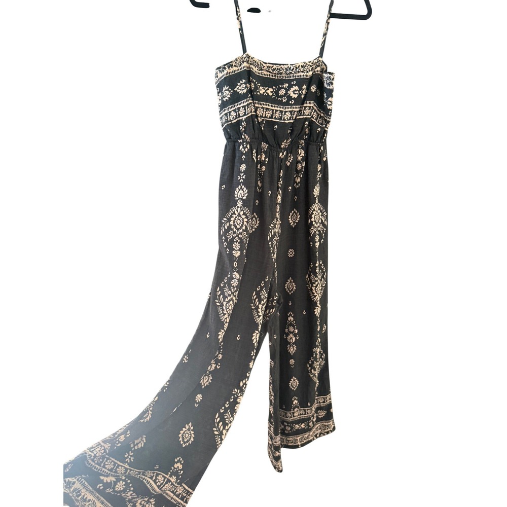 Klesis Womens Black White Medallion Print Wide Leg Jumpsuit Smocked Boho M